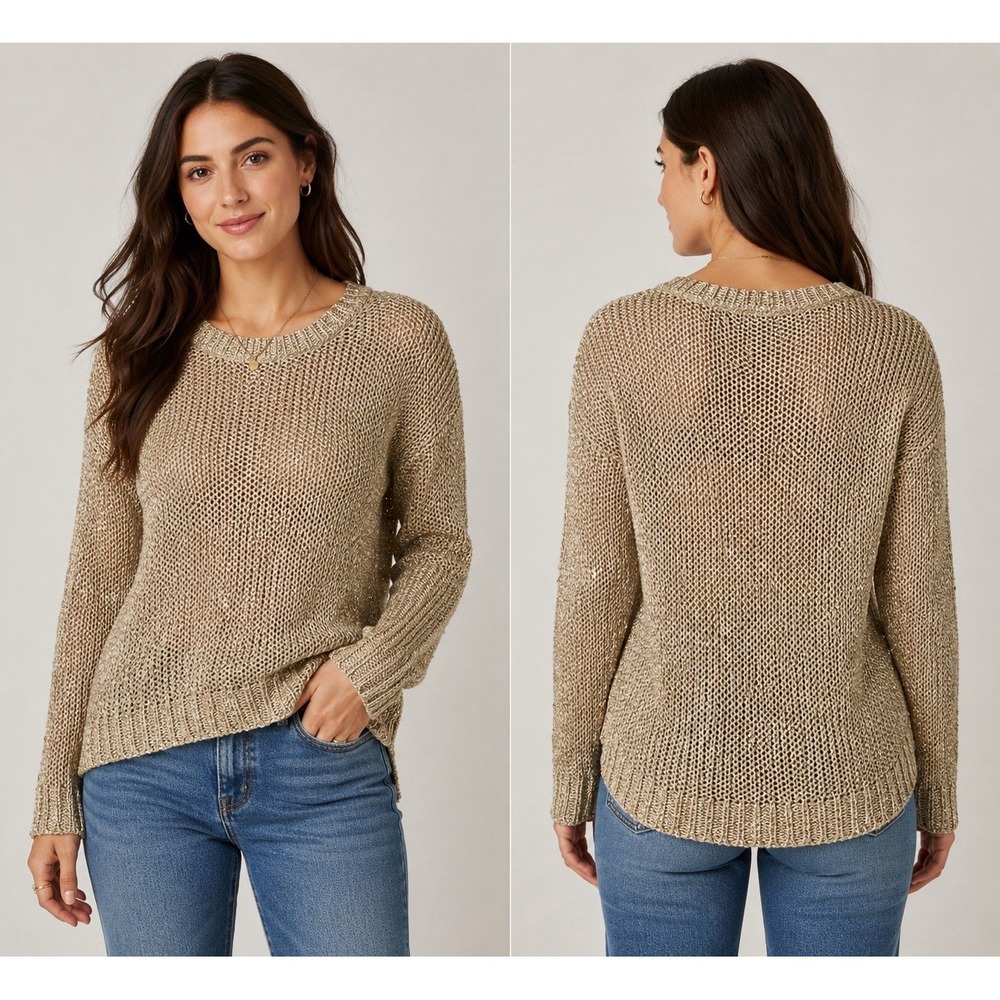 Chaudry KC‎ Womens Open Knit Sweater Beige Metallic Long Sleeve Pullover Large